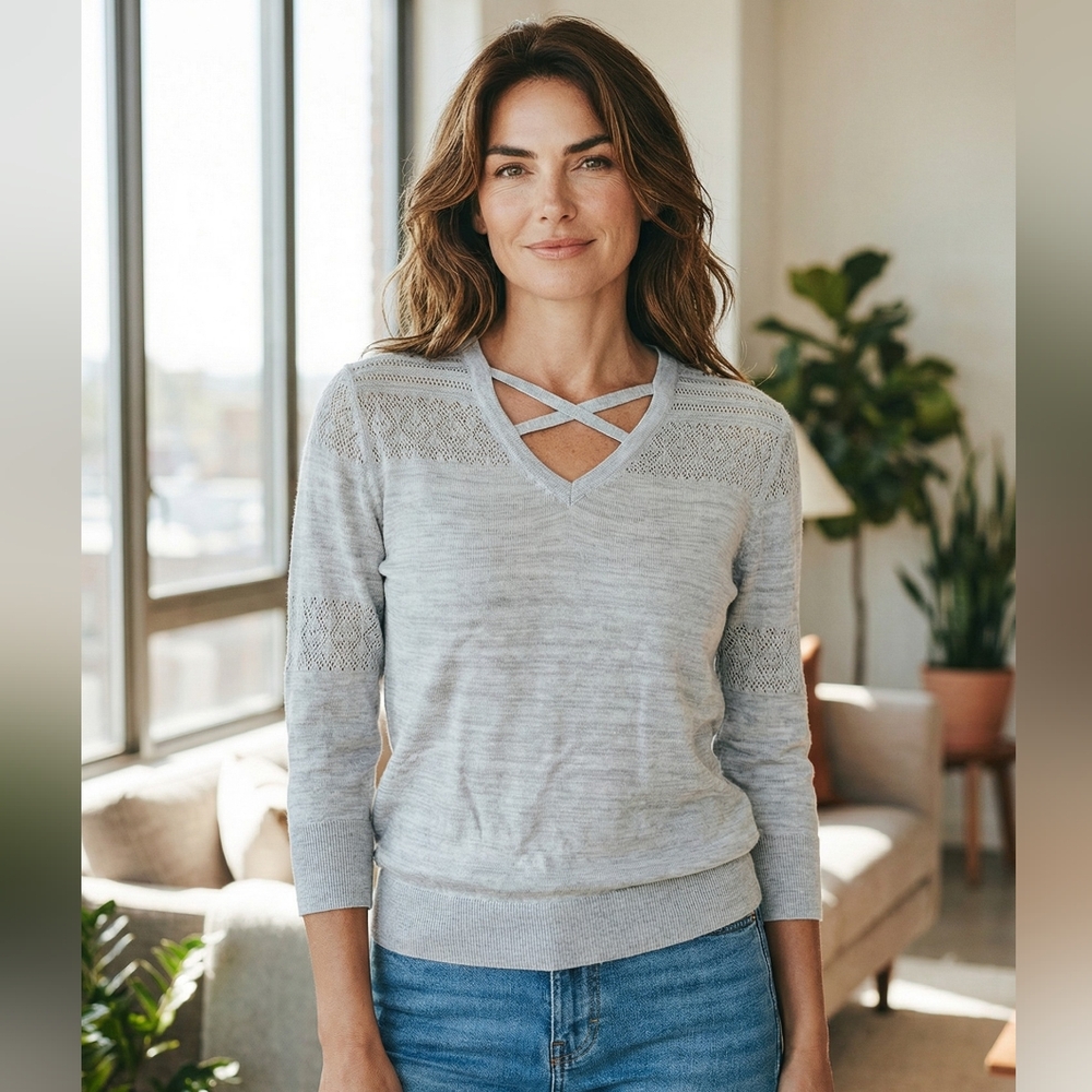 Chic Light Gray Sweater with Crisscross Neckline